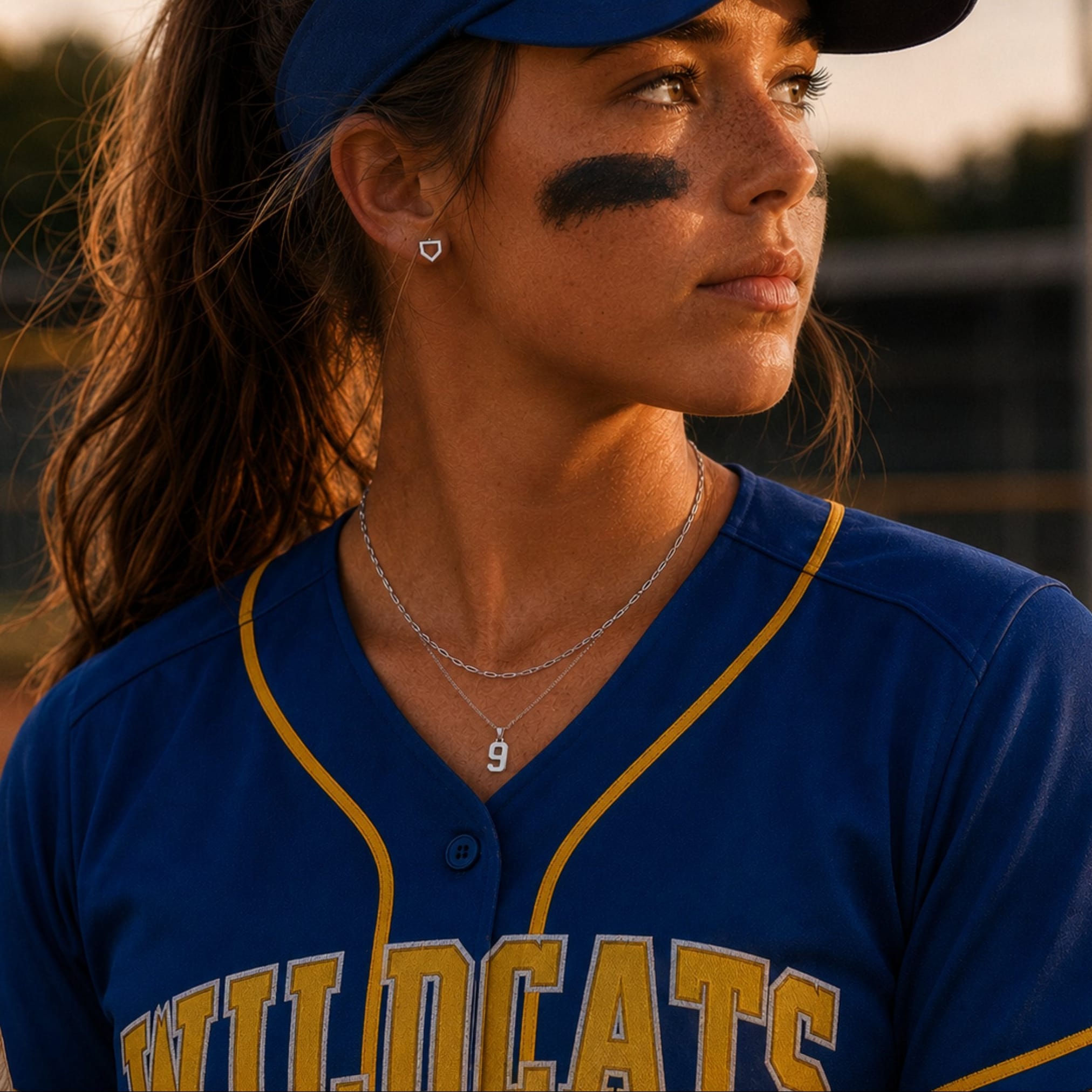 Softball player in a blue sports jersey wearing a necklace with a number 9 and home plate earrings