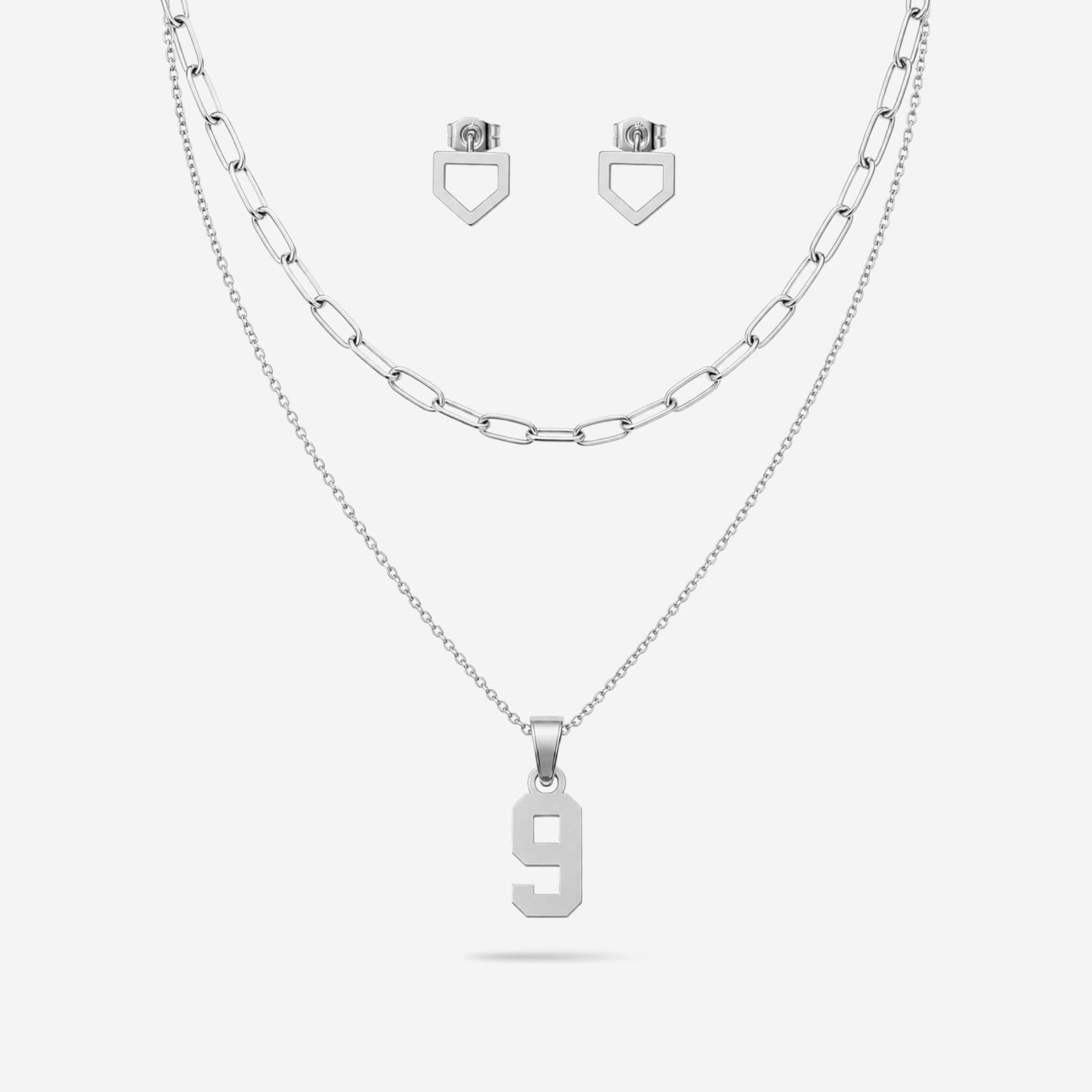 Silver necklace with number 9 pendant and matching home plate earrings on a white background