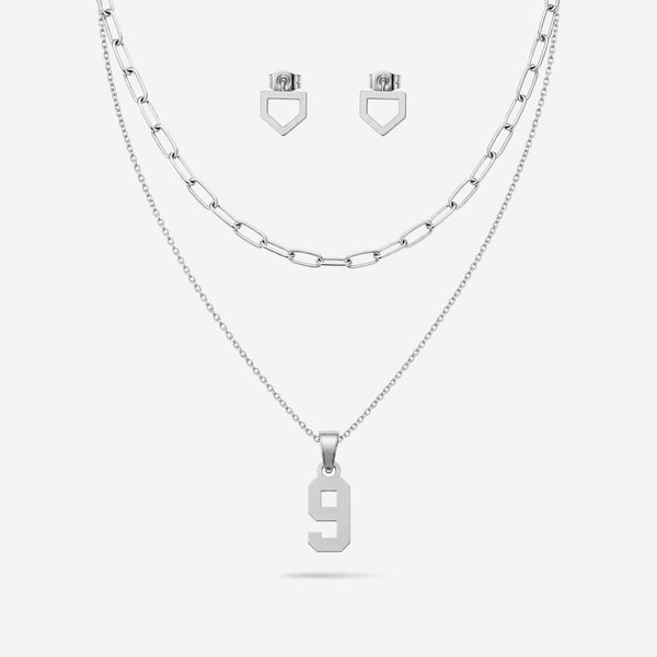 Silver necklace with number 9 pendant and matching home plate earrings on a white background