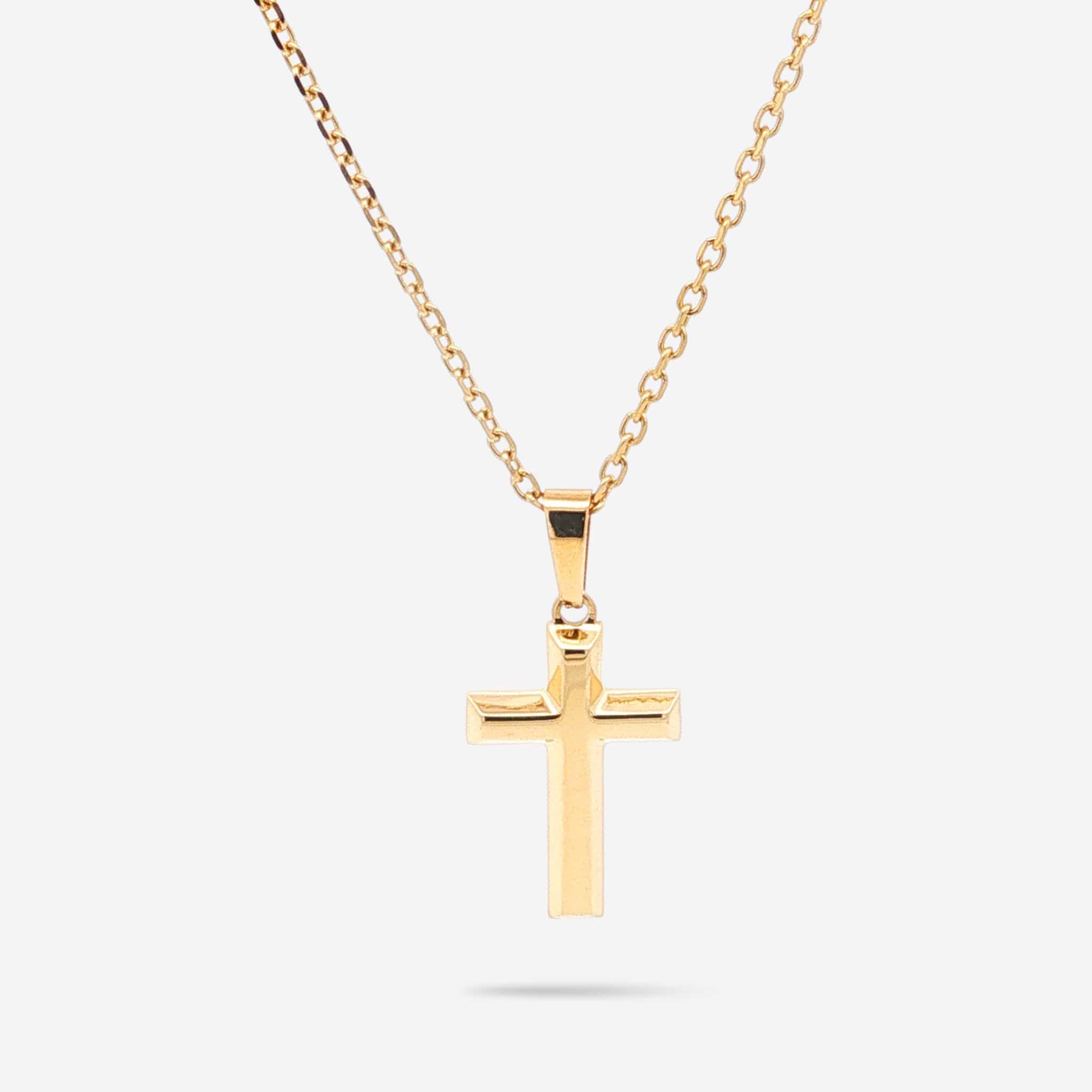 A polished yellow gold cross pendant necklace on a matching gold chain, displayed against a clean, light gray background.