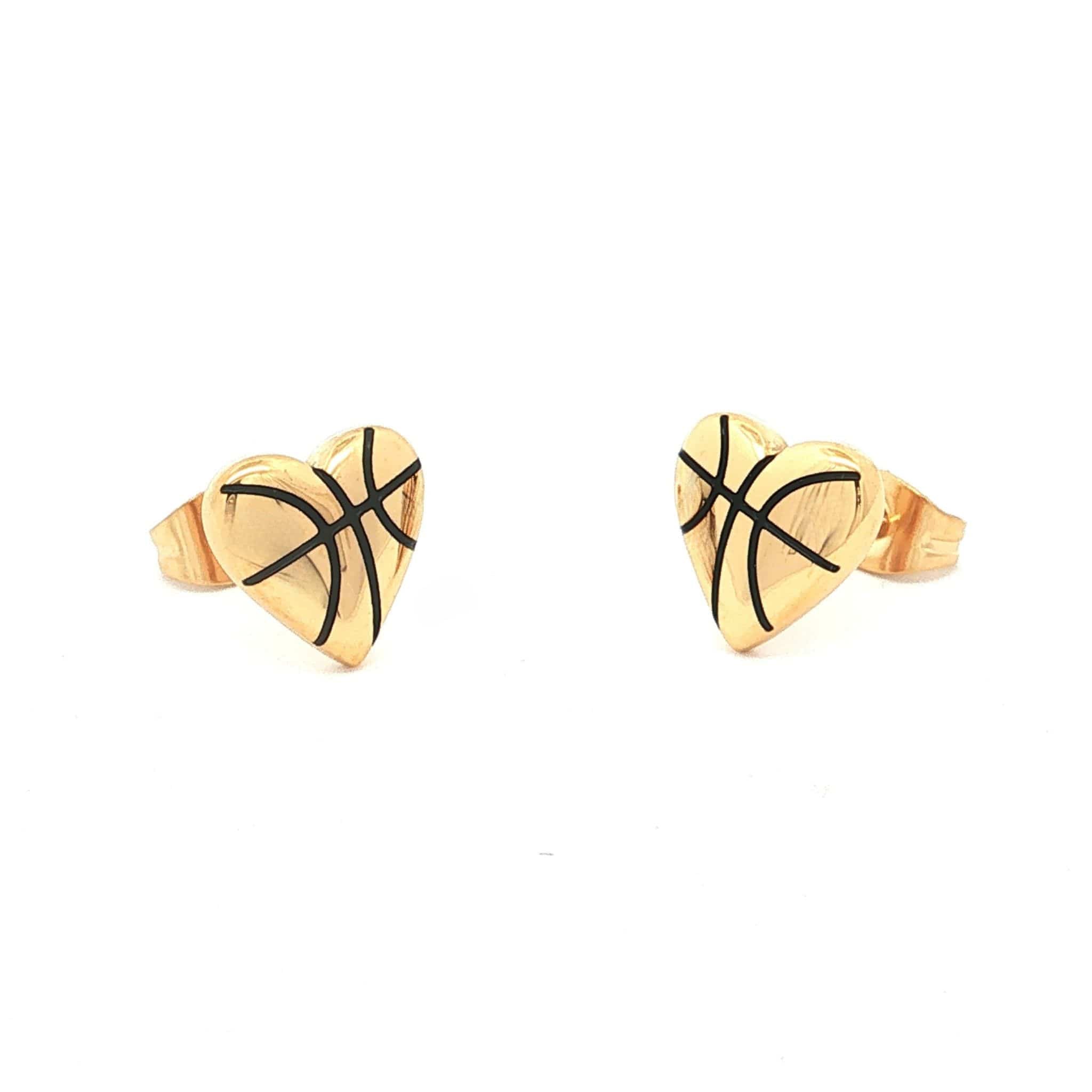A pair of gold heart-shaped stud earrings with black basketball line details.